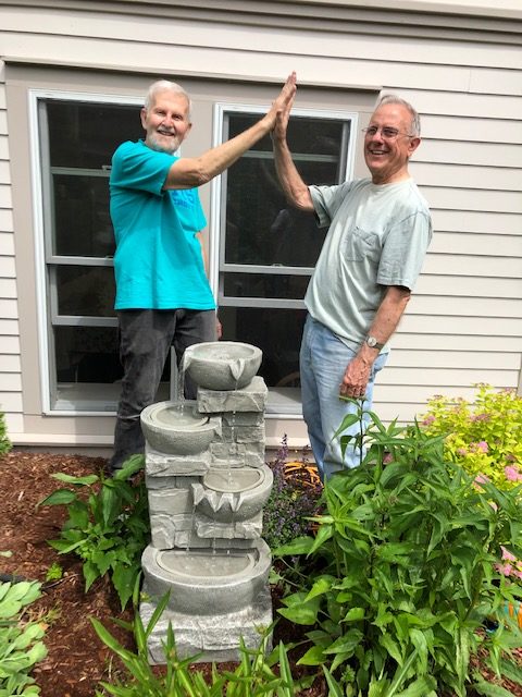 Norman Graham and David Matthews with new water fountain next o Shaw House