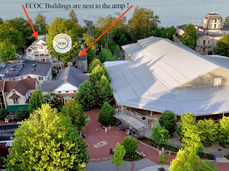 Aerial view showing location of Ecumenical Community of Chautauqua houses next door to the Amphitheater