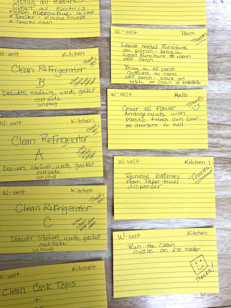 work weekend index cards indicating tasks that need completing
