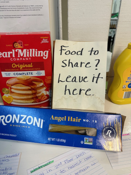 food to share? leave it here sign near food in kitchen during work weekend